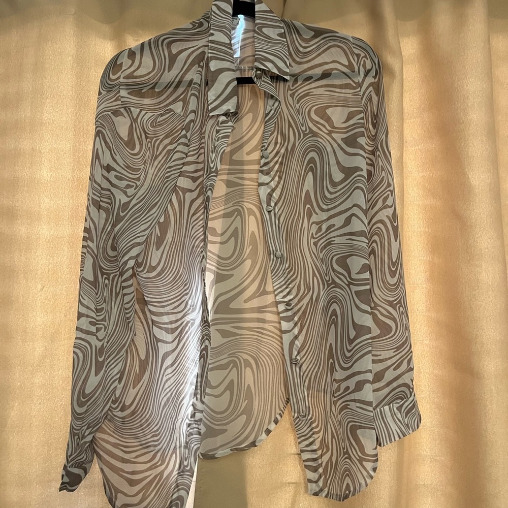 Princess Polly Sheer Swirl Button-Down Shirt in Cream and Brown